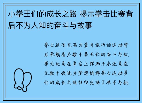 小拳王们的成长之路 揭示拳击比赛背后不为人知的奋斗与故事