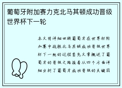 葡萄牙附加赛力克北马其顿成功晋级世界杯下一轮