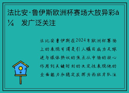 法比安·鲁伊斯欧洲杯赛场大放异彩引发广泛关注
